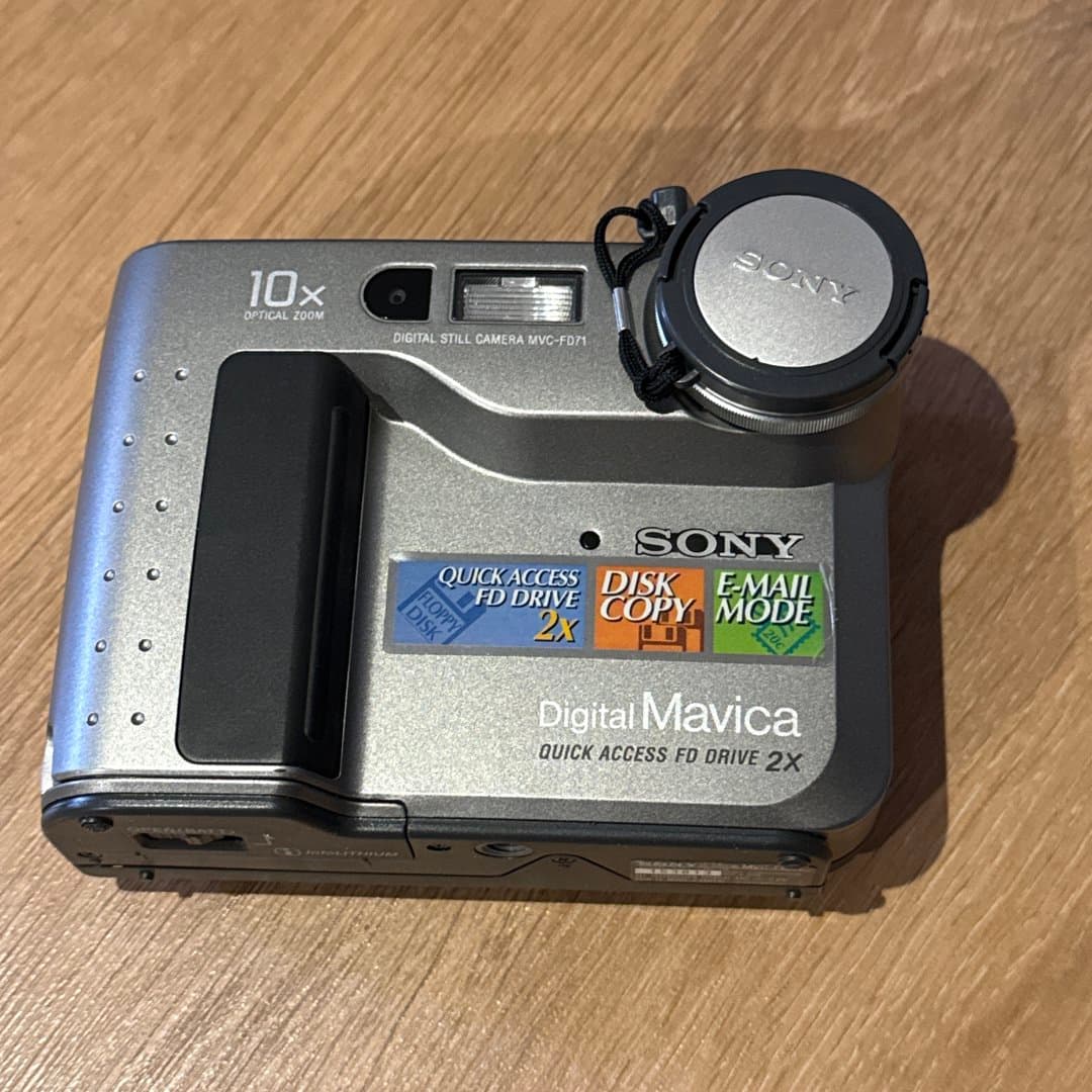 Vintage Sony Digital Mavica camera (MVC-FD71) with 10x optical zoom and floppy disk storage.