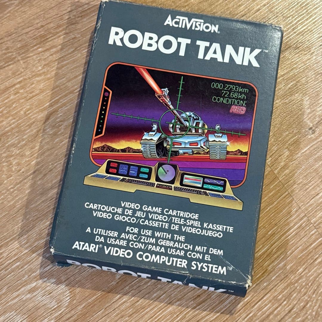 Vintage Activision Robot Tank video game cartridge for the Atari Video Computer System.