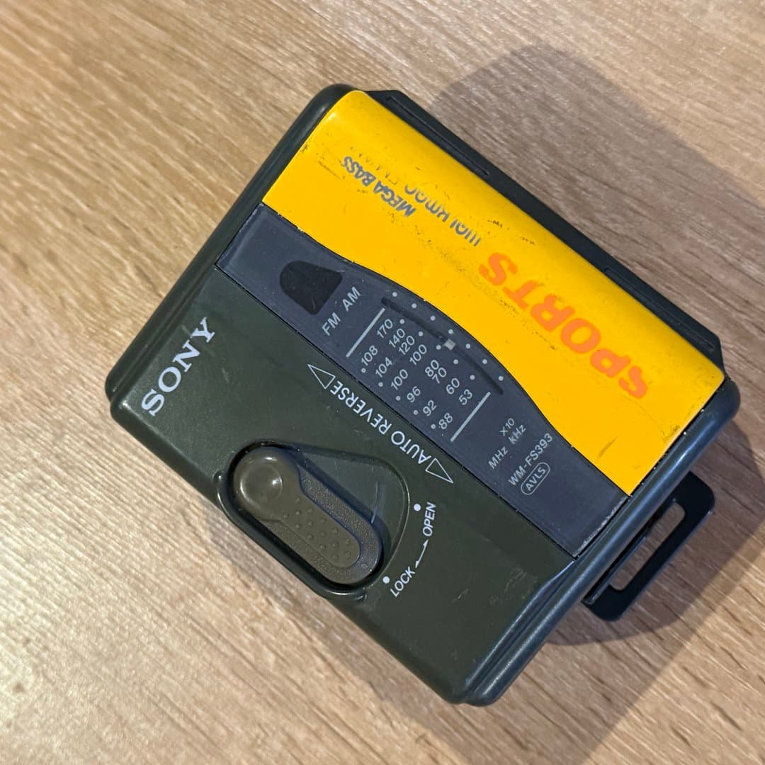 Vintage Sony Sports Walkman WM-FS393 cassette player with FM/AM radio and Mega Bass.