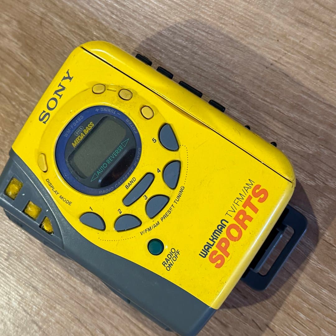 Retro Sony Walkman Sports WM-FS495 cassette player with TV/FM/AM radio and Mega Bass.