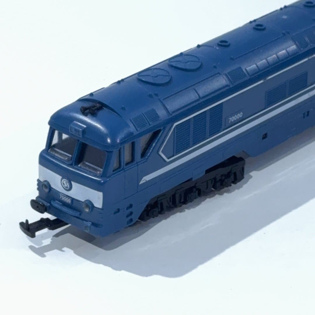 Detailed HO Scale blue model train engine, number SNCF (B55) 70000, for collectors and enthusiasts.
