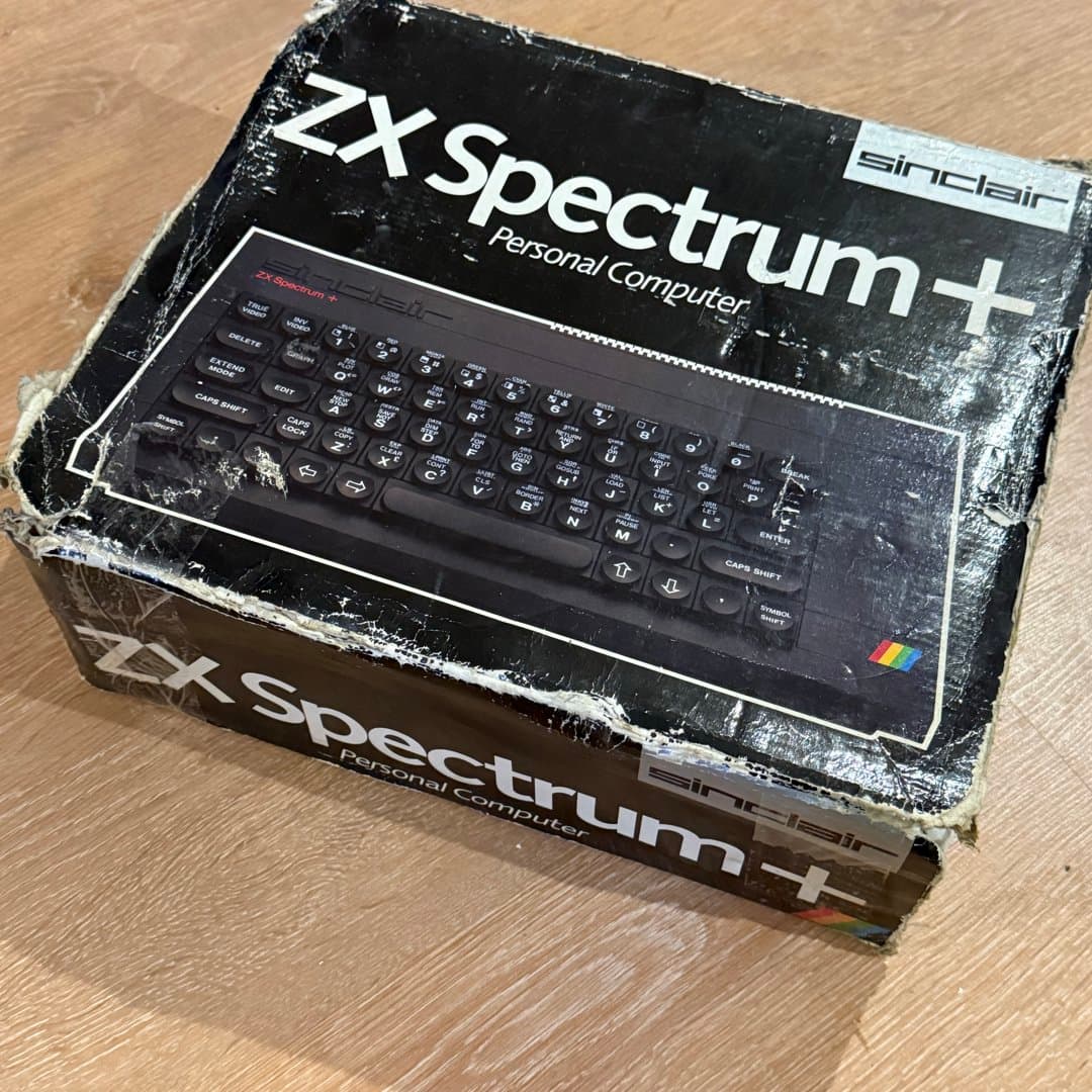 Vintage Sinclair ZX Spectrum+ Personal Computer in its original, worn box.