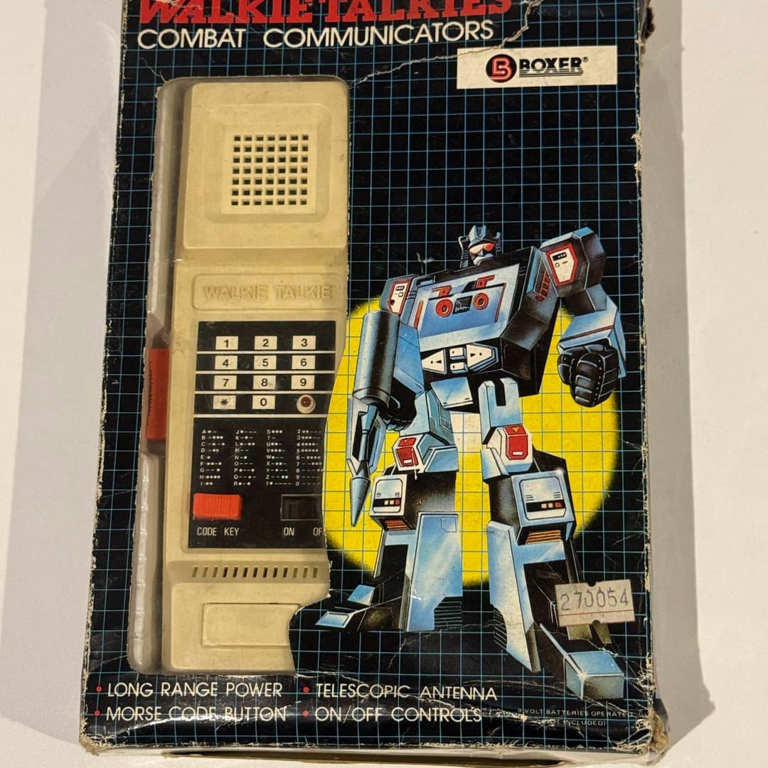 Retro Boxer Walkie Talkies Combat Communicators toy with long range, telescopic antenna, and Morse code.