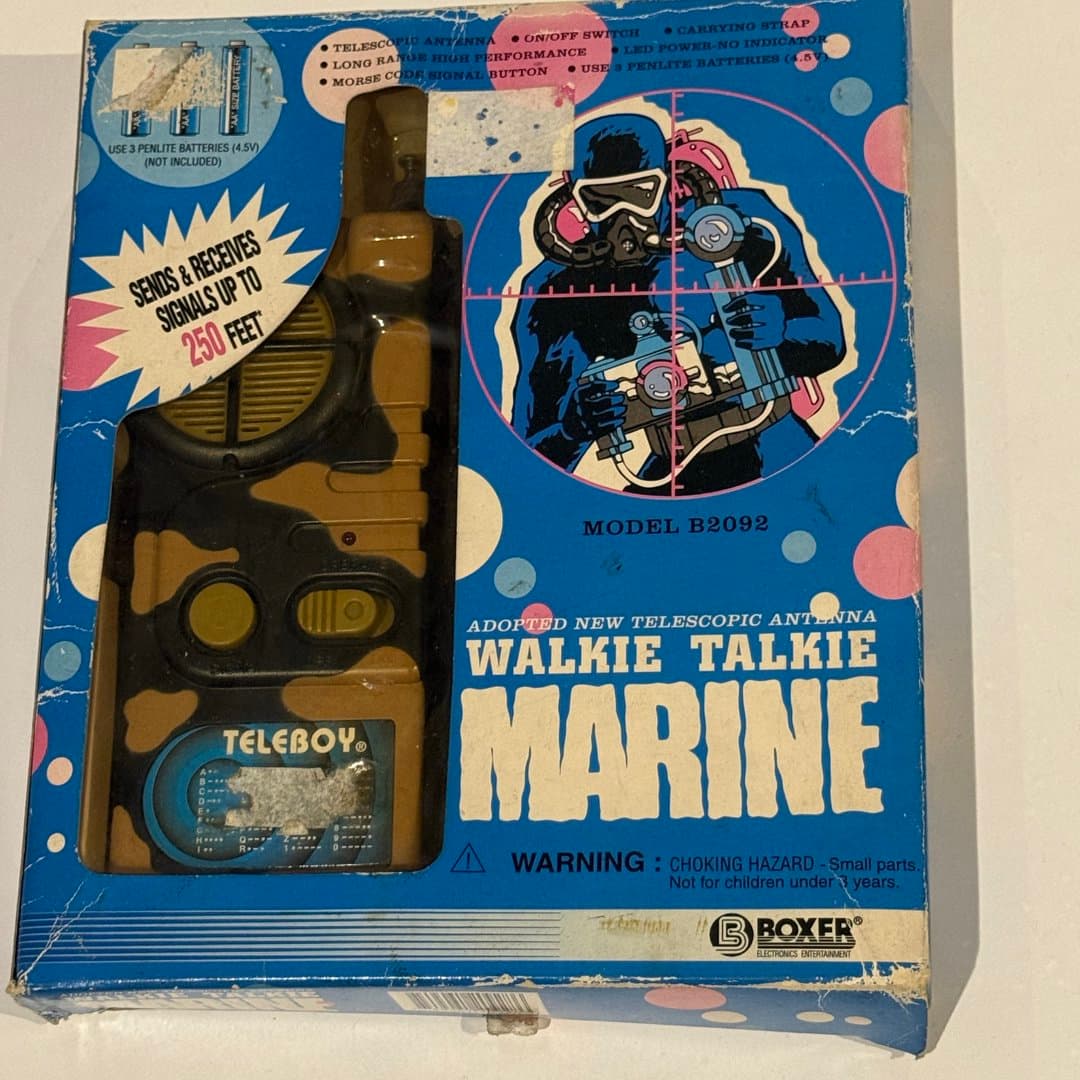 A vintage "Teleboy Marine" camouflage walkie-talkie toy, sending signals up to 250 feet. - Photo 1