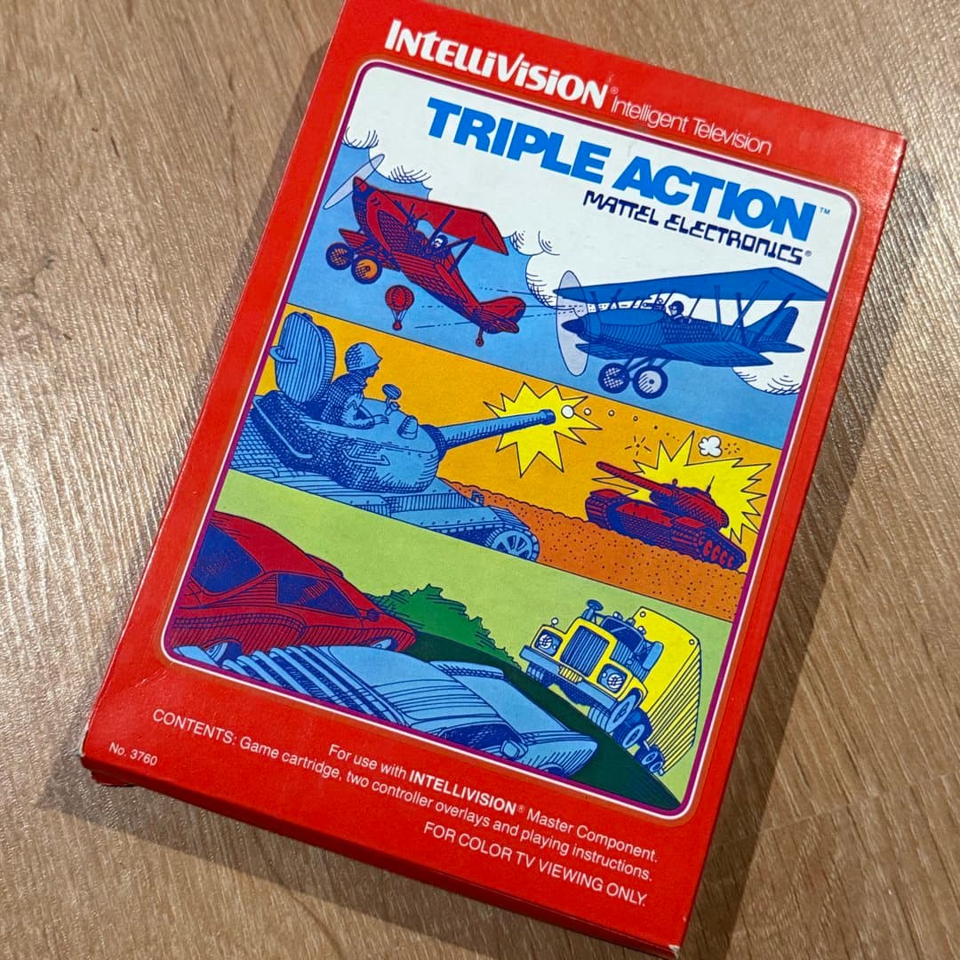 Vintage Intellivision Triple Action game cartridge by Mattel Electronics.