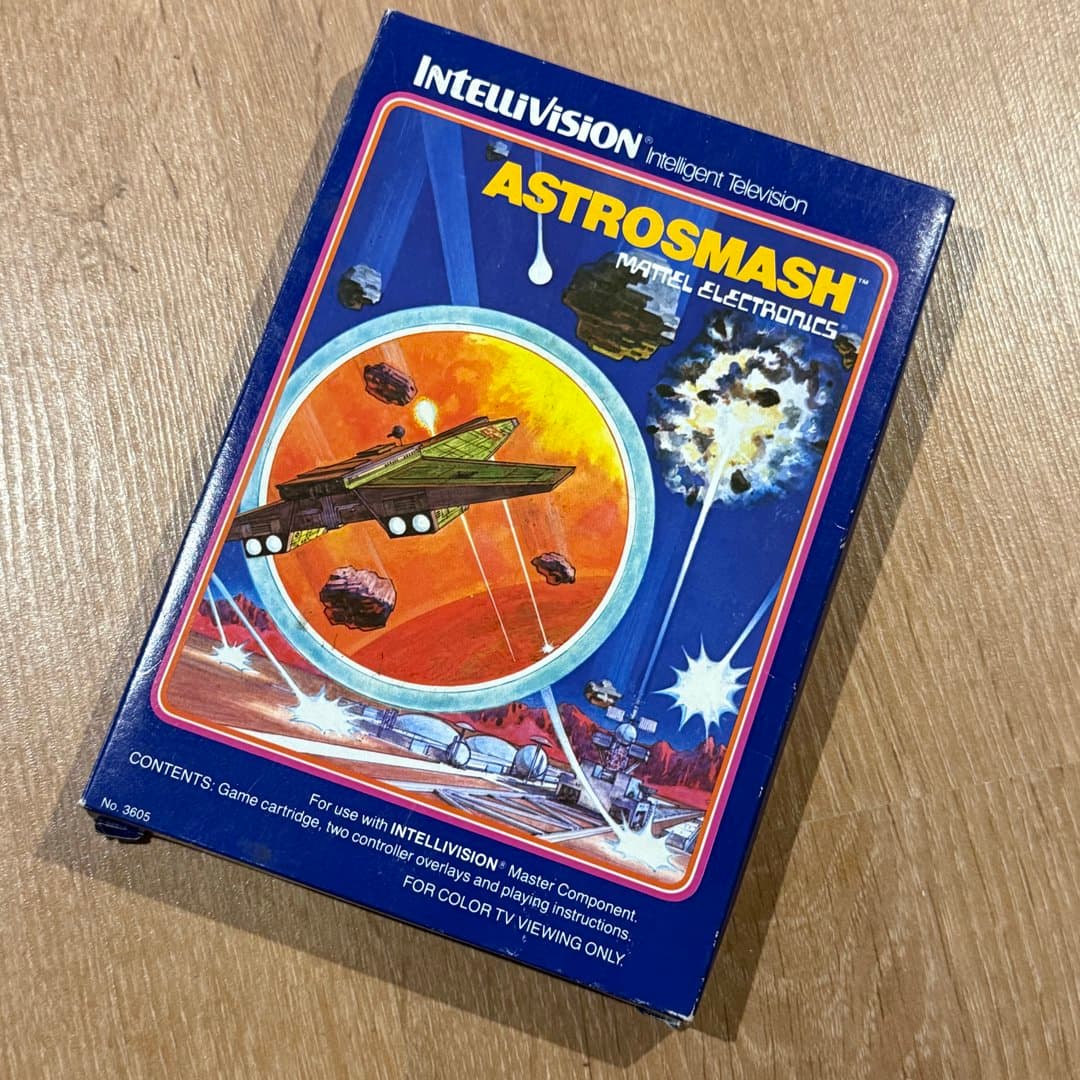 Vintage Intellivision Astrosmash video game box by Mattel Electronics.