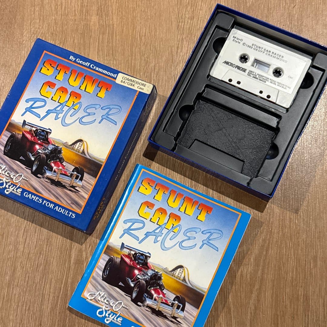 Vintage Stunt Car Racer cassette game for Commodore 64/128K by Geoff Crammond, MicroProse.