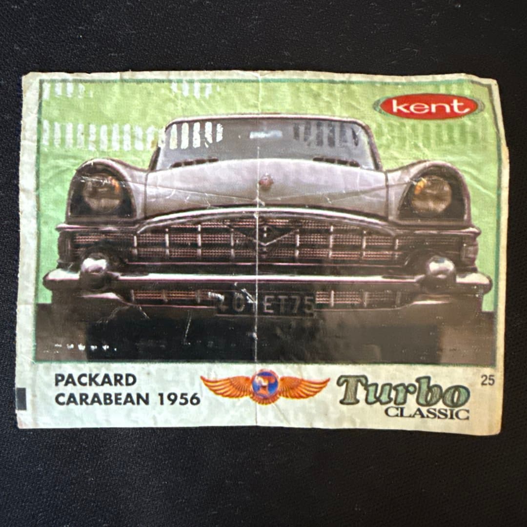 Vintage Kent Turbo Classic collectible card featuring a 1956 Packard Caribbean car. #25 - Photo 1