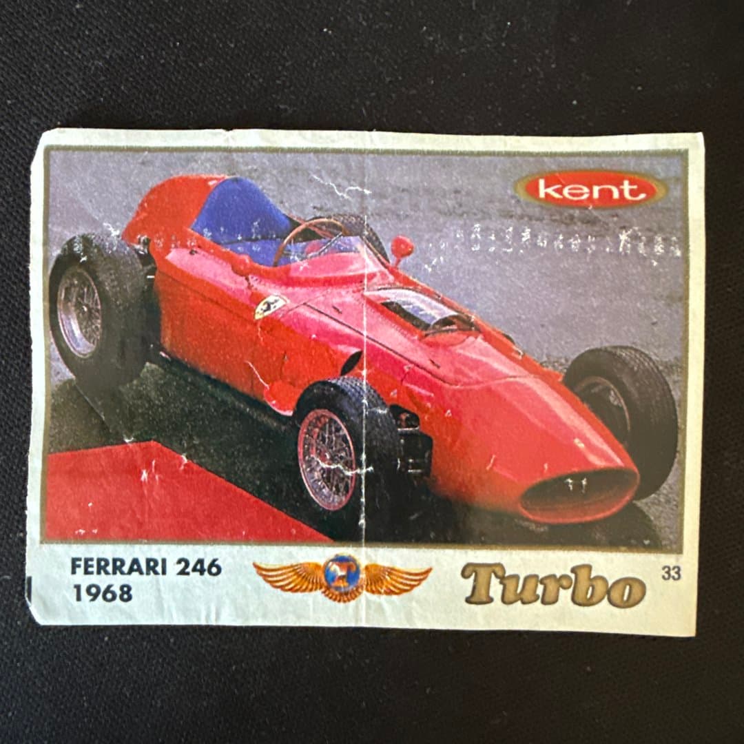 Vintage Kent Turbo collectible card featuring a 1968 Ferrari 246 classic race car. #33