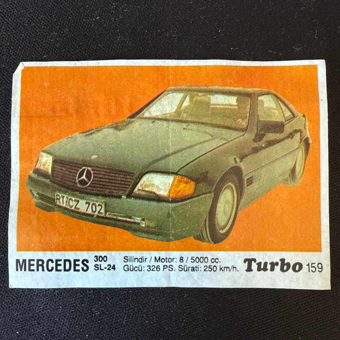 Vintage Mercedes 300 SL-24 car trading card with engine specs and top speed. #159