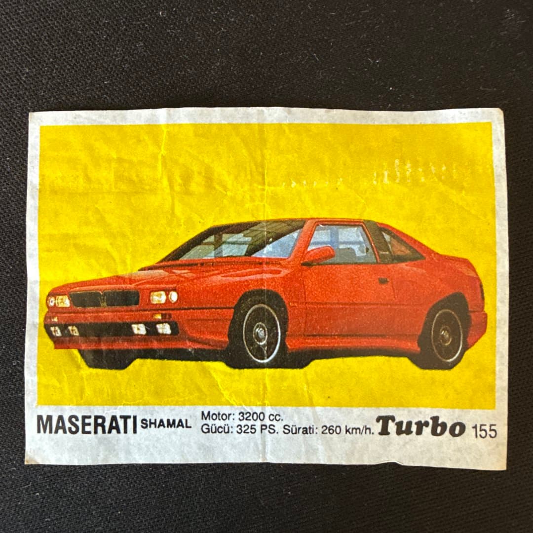 Vintage Maserati Shamal Turbo Gum car sticker featuring specifications like engine, power, and speed. #155