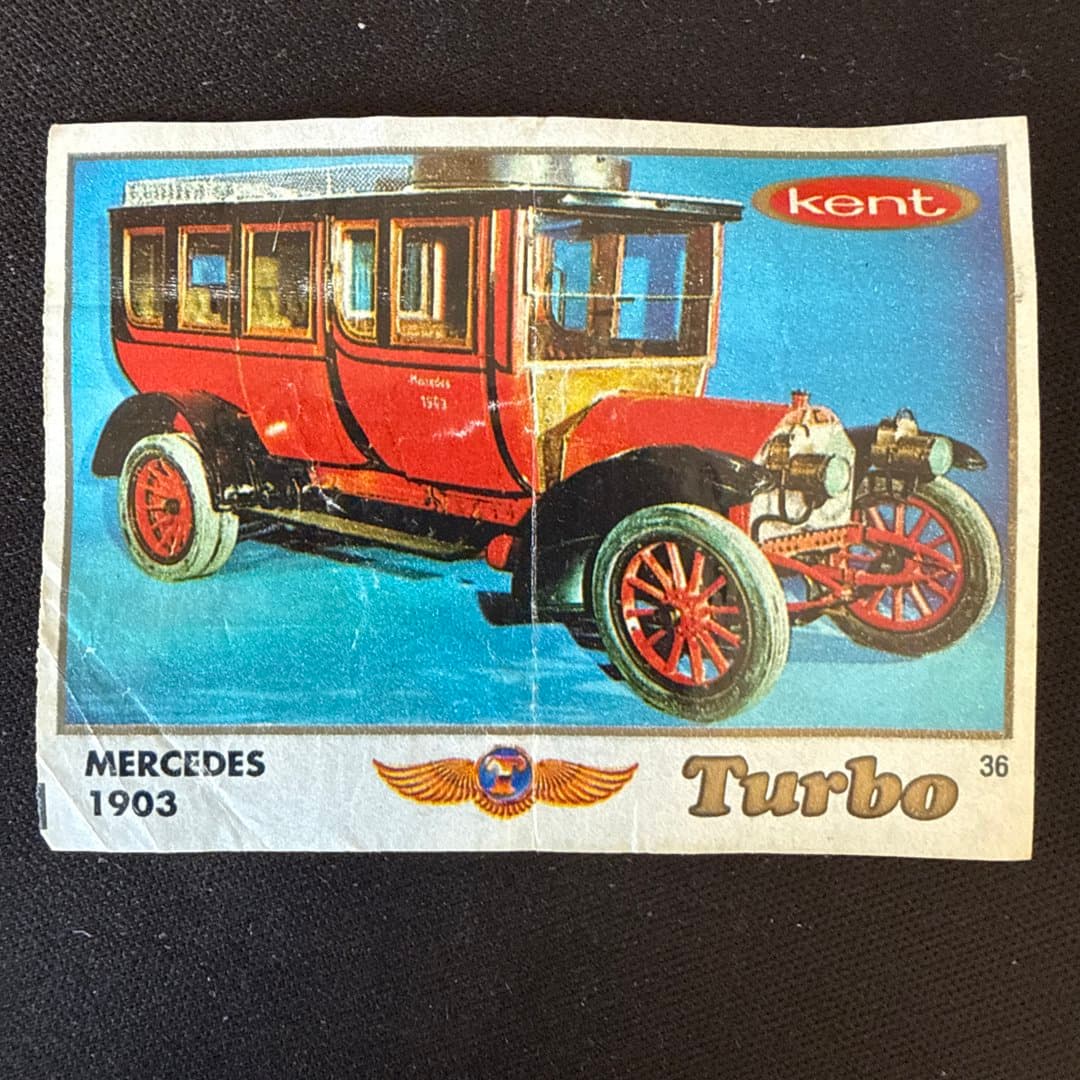 Vintage Kent Turbo trading card featuring a 1903 Mercedes classic car illustration. #36