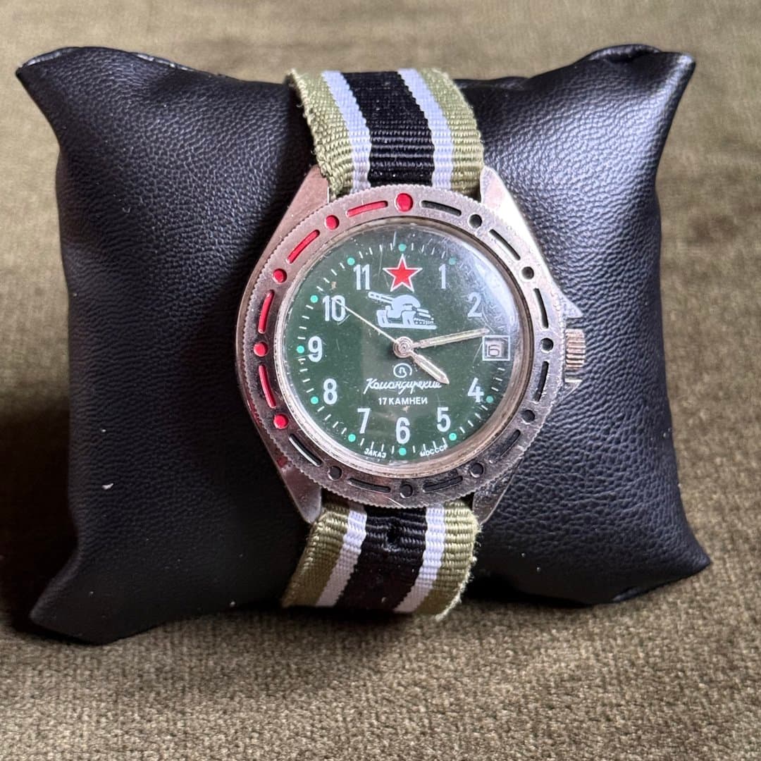 Vintage Soviet Vostok Komandirskie 1980’s МО СССР watch with green dial, tank motif, and NATO strap - Photo 1